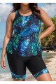 Women Plus Size Plants Print Scoop Neck Stretch Rash Guard Tankini Set