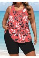 Red Tropical  Leaf Print Loose Fit Plus Size Women Tankini Top