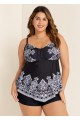 Black Paisley Print Color Block V Neck Women Plus Size Swimsuit Tankini Top