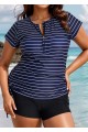 Plus Size Zip Front Striped Short Sleeves Rash Guard Tankini Top