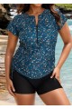 Plus Size Green Floral Short Sleeve Swimwear Bathing Suits Tankini Top