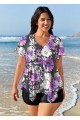 Plus Size Purple Floral Short Sleeve Swimwear Bathing Suits Tankini Top
