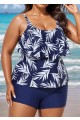 Navy Blue Leaf Print Layered Style Tankini Top