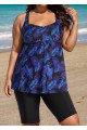 Purple Plants Print Square Neck Flowy Modest Plus Size Tankini Swimsuit Top