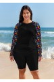 Black Leaf Print Long Sleeve Plus Size Swimsuit Swimwear Tankini Top