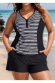 Black Striped Zip-Up Sporty With Pocket Rash Guard Tankini Set