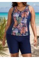 Curvy Navy Leaf Print Zipper Swimsuit And Swimwear Tankini Top