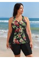 Black Floral Zipper Plus Size Beachwear Swimsuit Tankini Top