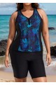 Plus Size Blue Floral Zipper And Color Block Swimsuits Tankini Top