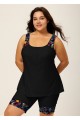 Black Plants Print Round Neck Plus Size Modest Tankini Set