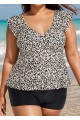 Leopard Print V Neck Ruffle Sleeve Plus Size Women Tankini Top