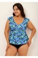 Blue Floral Print V Neck Ruffle Sleeve Plus Size Tankini Top