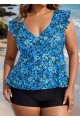 Blue Floral Print V Neck Ruffle Sleeve Plus Size Tankini Top