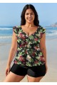 Black Floral Ruffle Sleeve Plus Size Swimsuit Swimwear Tankini Top