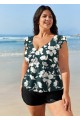 Green Floral Ruffle Sleeve Curvy Swimwear Bathing Suits Tankini Top