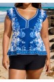Plus Size  Blue And White Ruffle Sleeve Swimwear Bathing Suits Tankini Top