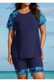 Blue Plants Pullover Short Sleeve Modest Plus Size Fashion Casual Tankini Set
