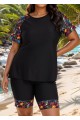 Black Plants Pullover Short Sleeve Modest Plus Size Fashion Casual Tankini Set