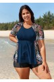 Curvy Navy Leaf Print Short Sleeve Bathing Suits Tankini Top