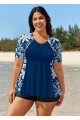 Plus Size Navy Floral Short Sleeve Swimsuit And Swimwear Tankini Top