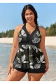 Curvy Black Leaf Print Vintage Swimsuit And Swimwear Tankini Top