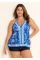 Curvy Blue And White Floral Double Straps Halter V Neck Swimsuit Tankini Top