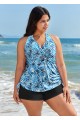 Blue Zebra Print Drawstring Curvy Swimwear Bathing Suits Tankini Top