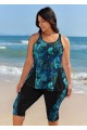 Blue Floral Modest Plus Size Ladies Bathing Suits Tankini Set