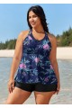 Curvy Purple Floral Mock Layered Swimwear Bathing Suits Tankini Top