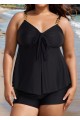 Black V Neck Ring Metal Ruched Front Tankini Top