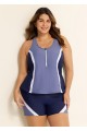 Blue And Purple Color Block Zip Front Sporty Two Piece Bathing Suits Tankini Set