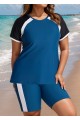 Navy And Black Colorblock Raglan Sleeves Short Sleeves Swimsuit Tankini Set