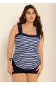 Navy Stripes Wide Straps Side Drawstring Two Piece Bathing Suits Tankini Top