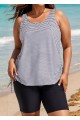 Curvy Black Stripe Drawstring Color Block Women'S Swimsuit Tankini Top