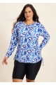 Curvy Blue And White Floral? Upf50+ Long Sleeves Side Drawstring Swimsuit Shirt Tankini Top