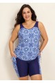 Blue Floral Print Scoop Neck Modest Built In Bra Drawstring Plus Size Women's Swimsuit Tankini Set