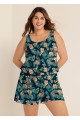 Green Swimming Costume Tropical Floral Scoop Neck Wide Strap Pocket Plus Size Swim Romper