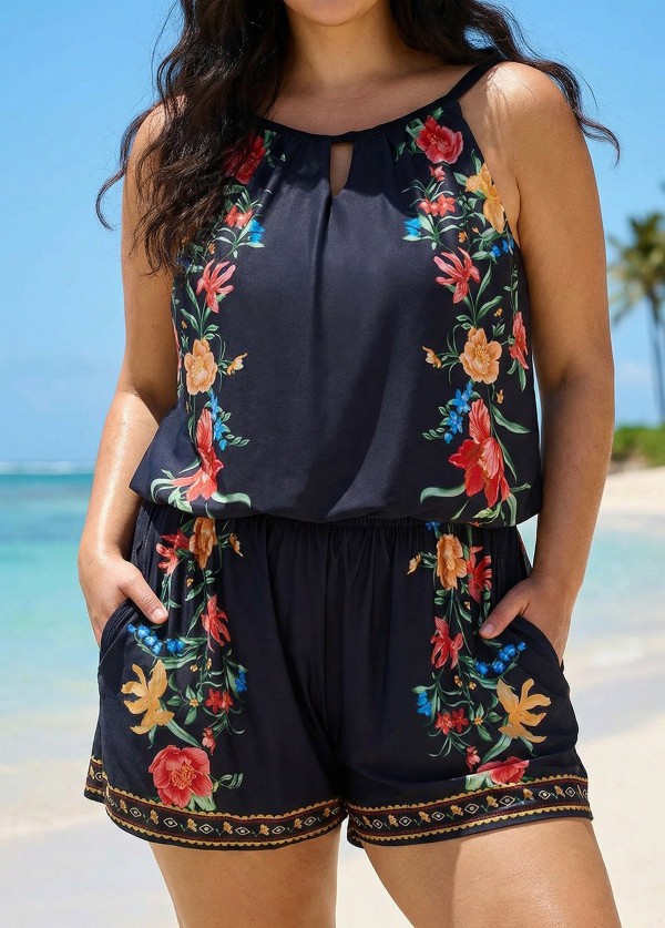 Plus Size Black Tropical Floral Keyhole Neck Modest Pocket Swimsuit One Piece Swim Romper