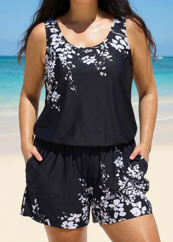 Black Floral Built In Bra Wide Straps Pocket Curvy Women's Swimsuit One Piece Swim Romper