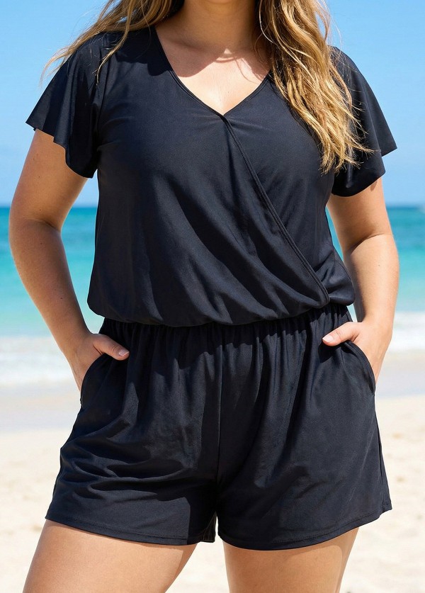 Black Short Sleeves Pocket Curvy 1 Piece Bathing Suits Romper One Piece Swimsuit