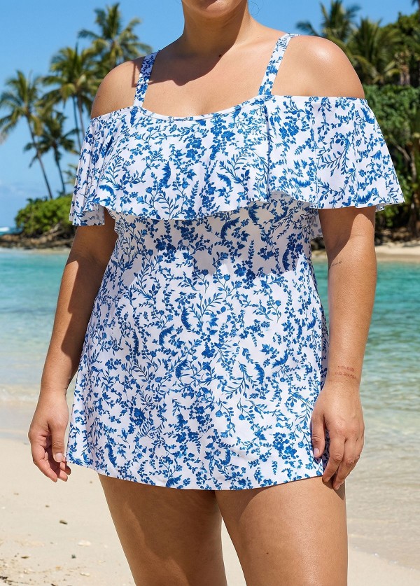 Curvy Blue Floral Print Off The Shoulder Modest Women's Swimsuit One Piece Swimdress