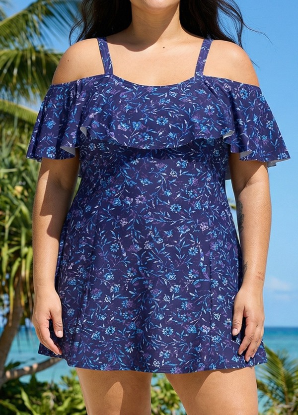 Navy Floral Off The Shoulder Flattering Curvy Women's Swimsuit One Piece Swimdress