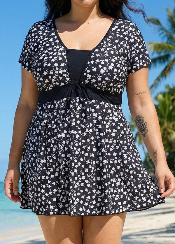 Black Floral Short Sleeves Modest Padded Curvy Women's Swimsuit Swimdress Top