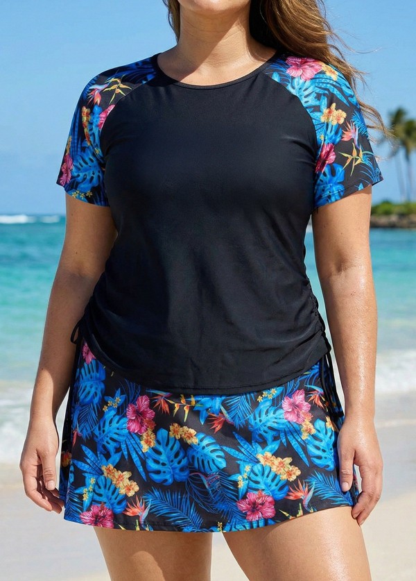 Black Floral Print Side Drawstring Plus Size Tankini Top