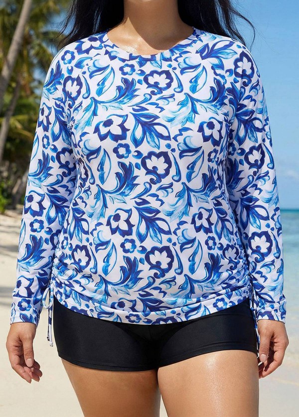 Curvy Blue And White Floral Upf50+ Long Sleeves Side Drawstring Swimsuit Shirt Tankini Top