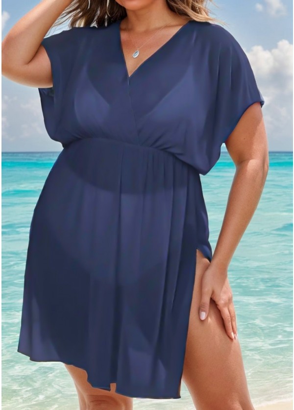 Purplish Blue V Neck Semi-Sheer Split Boho Style Cover Up