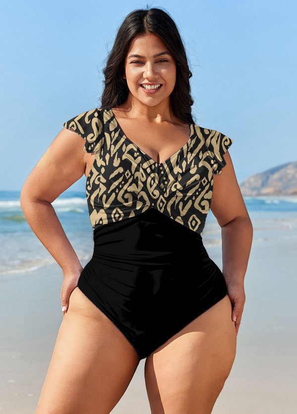 Plus Size Black Geometric Print Short Sleeve Swimsuits One Piece Swimsuit