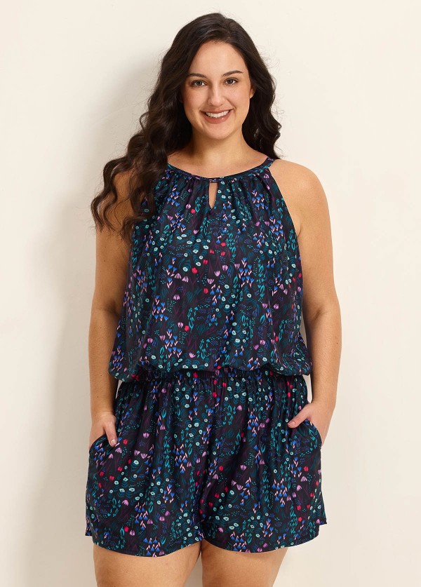 Black Print High Neck Flattering Pocket Curvy Women's Swimsuit One Piece Swim Romper