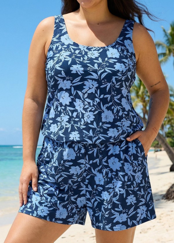 Plus Size Blue Floral Scoop Neck Modest Wide Straps Pocket Swimsuit One Piece Swim Romper