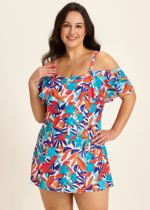 Curvy Colorful Tropical Leaf Off The Shoulder Modest Women's Swimsuit One Piece Swim Romper